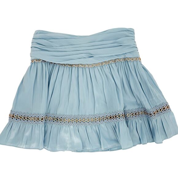 RAMY BROOK Skirt NEW Size 0 Esmeralda Blue Gold Mini Stretch Smocked Eyelet Lace - Picture 2 of 5